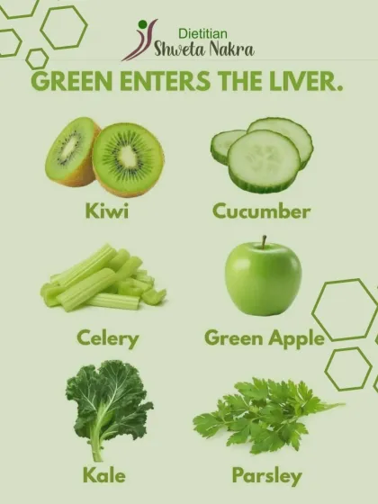 Green foods enter the liver. Kiwi, cucumber, celery, and kale are full of chlorophyll and essential vitamins that help cleanse your system and support liver detoxification.