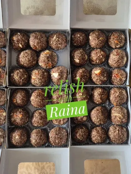 A batch of Flax Seed Laddoos ready for dispatch. These are packed with health benefits, made with flax seeds, pure ghee, dink (gond), almonds, til (sesame seeds), and sweetened with jaggery.