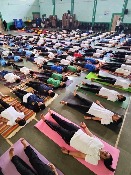 Students and cadets in Goa practicing Shavasana. It is a powerful reminder that rest and relaxation are as important as active practice.