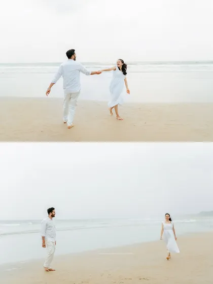A diptych showing the couple walking towards each other and then dancing, capturing the story of their interaction.