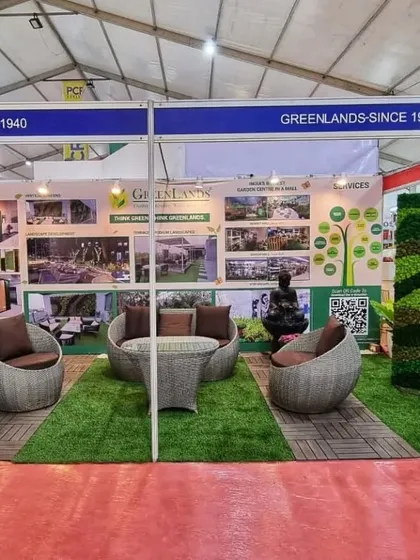 Our stall at the HortiProIndia '23 International Exhibition in Pune. We showcased our landscaping capabilities, garden furniture, and stunning reindeer moss walls.
