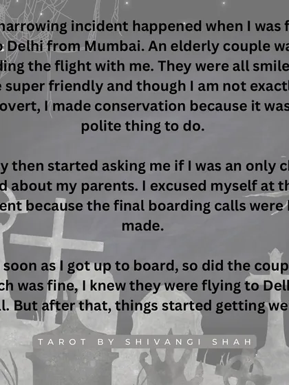 An unsettling airplane encounter with an elderly couple who look just like someone's deceased son and attempt to prick them with a needle.