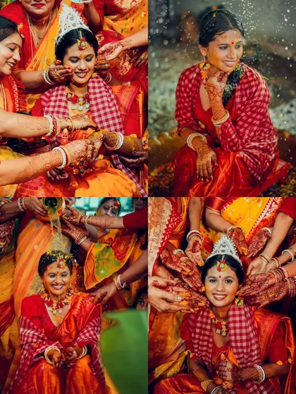 A collage of four vibrant moments from a Bengali 'Gaye Holud' ceremony, capturing the rituals and the bride's radiant smiles.