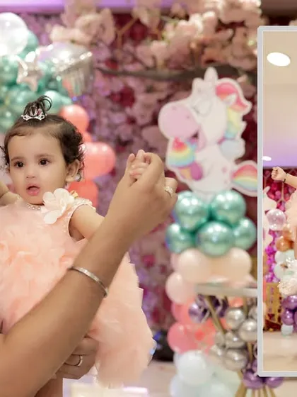 A father and daughter interact playfully amidst the party decorations. This collage shows both a close up and a wider shot of the moment.