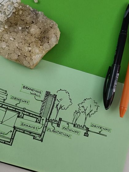 We believe in preserving the tradition of hand-drawn details. This sketch of a landscape plan, showing the integration of a driveway, branding wall, and plantation, illustrates how we blend essential services with nature from the very first concept.