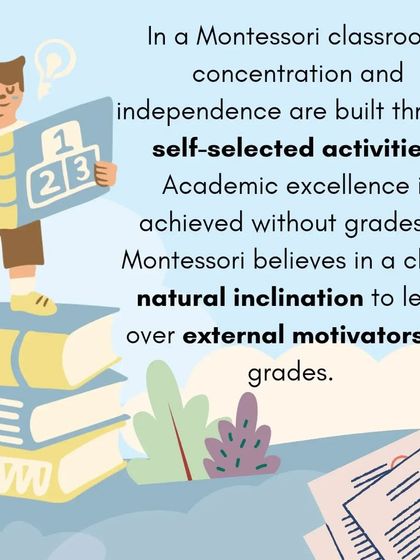 A series of infographics questioning standardized testing and explaining how Montessori achieves academic excellence by focusing on intrinsic motivation and self-selected activities.