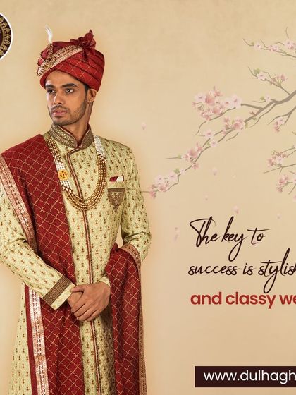 The key to success is stylish and classy wear. This cream sherwani with rich red and gold accents, paired with a matching safa and shawl, embodies royal highness.