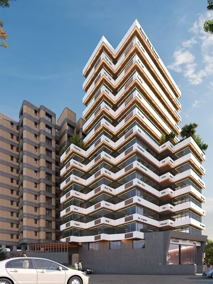 This is a 3D render of the AURA Sky Tower, a 12-story commercial building we designed in Nashik. The facade's unique zigzag pattern creates dynamic visual interest while maximizing light and views for the office spaces within.