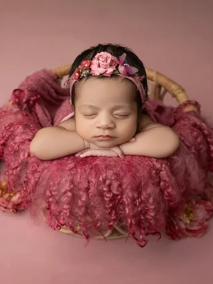 An overhead shot of the pink basket pose, perfect for showcasing the symmetry and artistry of the setup.