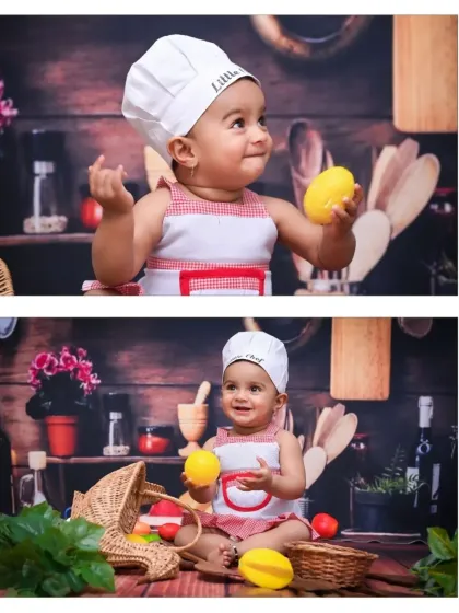 This collage captures the expressive face of our little chef. In one shot she looks thoughtfully to the side, and in the other, she smiles while holding her toy lemons.