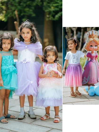 The birthday girl and her friends, all dressed like little princesses. Our events are designed to be fun and engaging for all the young guests, creating a truly collective celebration.
