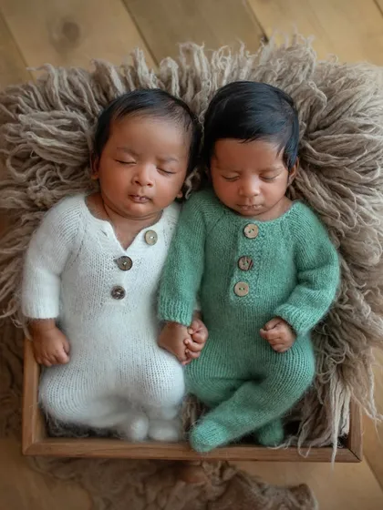 A full-length shot of the twin boys holding hands in their sleep. This is a memory their parents will treasure forever.