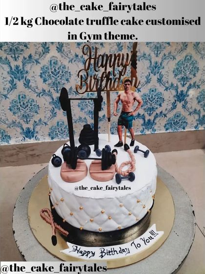 A full view of the half-kilo Chocolate Truffle cake with a gym theme.