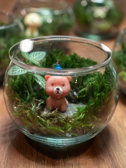 This little bear wearing a party hat is ready to celebrate. I can add custom figurines like this to any terrarium to make it a perfect gift for a birthday or special occasion.