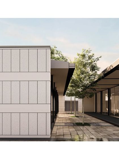 A rendering of a courtyard at the Hoodi Convention Center, showing the clean lines of the architecture and the integration of small trees within the paved area.