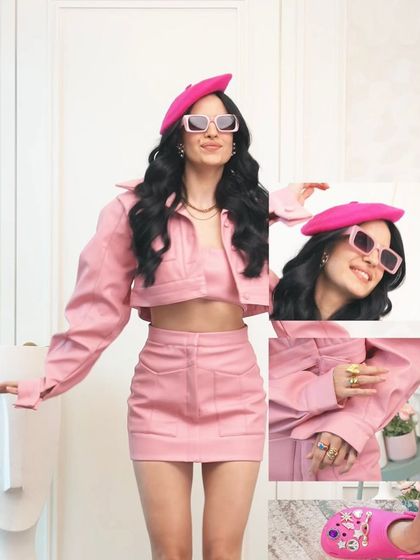 A collage detailing the first look for the Crocs campaign. It shows how accessories like the beret, rings, and sunglasses come together with the pink denim co-ord set to create a cohesive and trendy outfit.