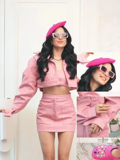 A collage detailing the first look for the Crocs campaign. It shows how accessories like the beret, rings, and sunglasses come together with the pink denim co-ord set to create a cohesive and trendy outfit.