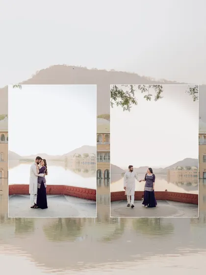 A beautifully composed diptych showing the couple at Jal Mahal during the golden hour. The reflection on the water adds a serene and magical quality to the images.