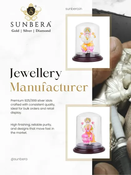 This image serves as an advertisement for our B2B partners, highlighting our role as a premium jewellery manufacturer. It showcases finished silver idols alongside a background image of an artisan at work, emphasizing our promise of consistent quality and high finish.