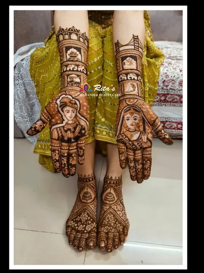 The full bridal package, with themed mehendi on the hands and complementary designs on the feet. This ensures a complete and coordinated look for the wedding day.