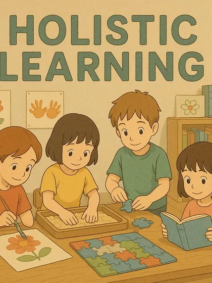 This beautiful art represents our philosophy of holistic learning, where children engage in various activities like painting, puzzles, and reading to develop their whole selves.