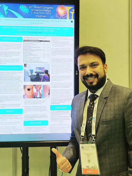 At the 2023 World Congress of Dermatology in Singapore, our poster presentation on providing specialist dermatology services in rural India was upgraded to "Featured Poster" status. I am proud of this recognition for our work.