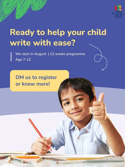 Ready to help your child write with ease? Our 12-week program for ages 7-12 is designed to build confidence and skill. This image of a happy child giving a thumbs-up captures the positive and empowering atmosphere we create.