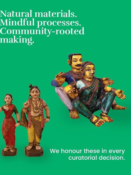A collection of traditional wooden sculptures, including a depiction of Radha and Krishna. We believe that honoring natural materials and community-rooted making is a sustainable act woven into our curatorial decisions.