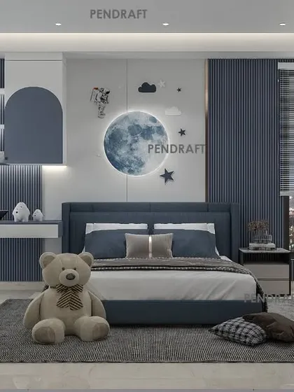 A celestial-themed kids' room designed in shades of blue and grey. The focal point is a large moon-shaped light, creating a dreamy atmosphere for a young child.