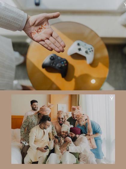 A collage of the groom's getting-ready moments with his groomsmen. From sharing laughs to writing the bride's initials on his hand, these shots capture the fun and camaraderie.
