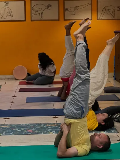 Students practice Sarvangasana, the shoulderstand, during a teachers' class. The shared focus and discipline in the room creates a powerful energy for practice.