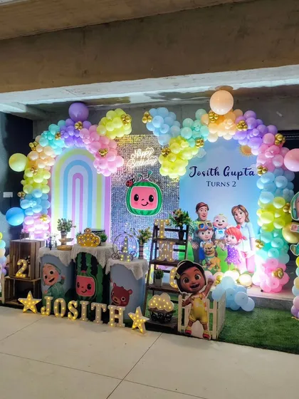 I bring popular cartoon themes to life for kids' birthdays. This Cocomelon party features character cutouts, a rainbow balloon arch, and themed props that make children feel like they've stepped right into their favorite show.