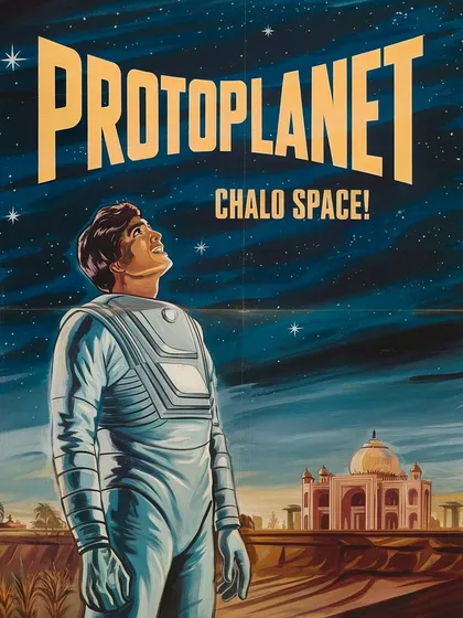A poster I created for the science collective Protoplanet, with the tagline 'Chalo Space!'. It features an astronaut looking towards a starry sky with the Taj Mahal on a distant planet.