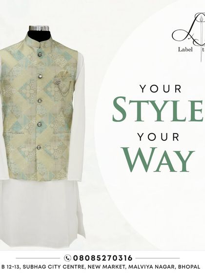 This is a studio shot of one of my ready-to-customize Nehru jacket sets. The jacket features a subtle light green and cream pattern, paired with a classic white kurta. It’s a great example of an understated yet elegant ethnic look.