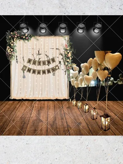 A digital design mockup we created for a client's approval. This helps visualize the final look, showing a "Future Mr & Mrs" backdrop with fairy lights, floral details, and heart-shaped balloons.