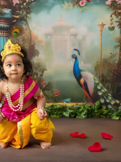 A little boy dressed as Krishna, sitting thoughtfully in a divine setting complete with a peacock and pots of butter. I provide all costumes and props for these sessions.