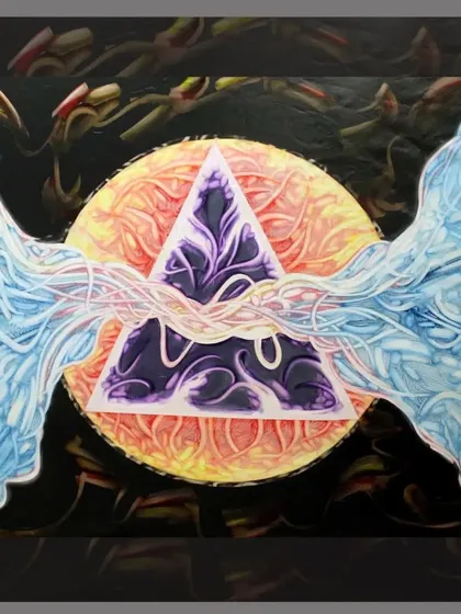 An abstract, surrealist piece that explores spiritual concepts through symbols. The triangle within the circle represents a focal point of energy and consciousness, a theme I often return to in my work.