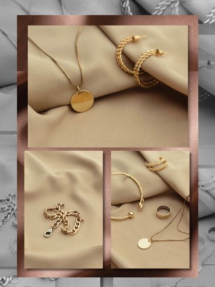 A collage of my 1-gram gold plated daily wear jewellery. You can see simple pendant necklaces, chain bracelets, rings, and hoop earrings that are perfect for everyday elegance.
