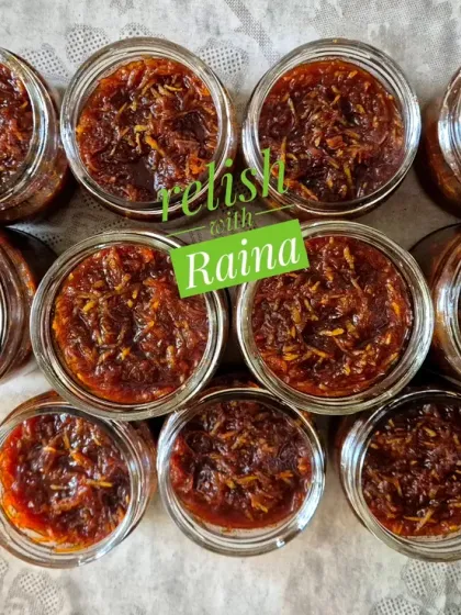 Many of my customers prefer a healthier alternative, so I also make Chhunda with jaggery instead of sugar. This image shows jars of my jaggery-based Chhunda, which has a deeper colour and a rich, earthy sweetness.