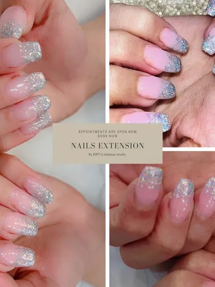 This collage showcases different angles of my silver glitter ombre nail extensions. This is a versatile and popular style that works beautifully for both everyday wear and special occasions, giving a clean yet sparkly finish.