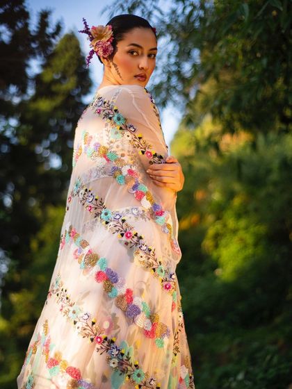 A beautiful shot from the Baavli mountain campaign, with the golden hour light catching the sheer, embroidered fabric.