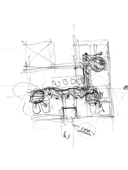 Every project begins as a conversation, often first expressed through a hand sketch. This initial drawing for the Sampurna Residence explores the concept of an animated streetscape and courtyards, which became the foundational language of the final design.
