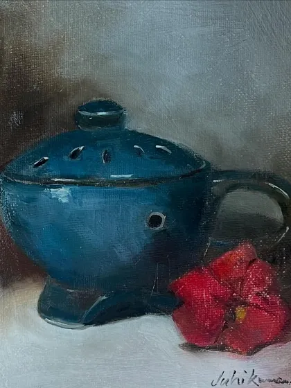 I call this little oil on canvas study 'Sacred Moments'. Painting still life from life, like this ceramic incense holder and a fresh flower, is a meditative process where I capture the essence and quiet beauty of everyday objects.