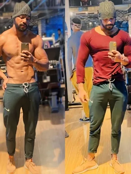 A side-by-side comparison showing the difference between a relaxed state and a fully conditioned, flexed physique. This demonstrates how body composition can dramatically change appearance.