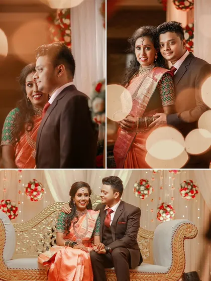 A collection of portraits from a wedding reception, showcasing the couple's happiness and elegant evening attire.