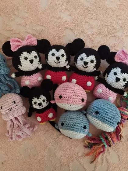 I just love seeing them all together before they head to their new homes. This little gang includes some of my most requested characters like Mickey and Minnie Mouse, some happy little whales, and colorful jellyfish, all handmade as part of a custom bulk order.