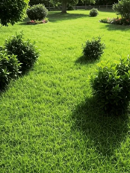 A sunlit garden with a healthy lawn and scattered shrubs. This image captures the simple beauty of a well-tended green space.