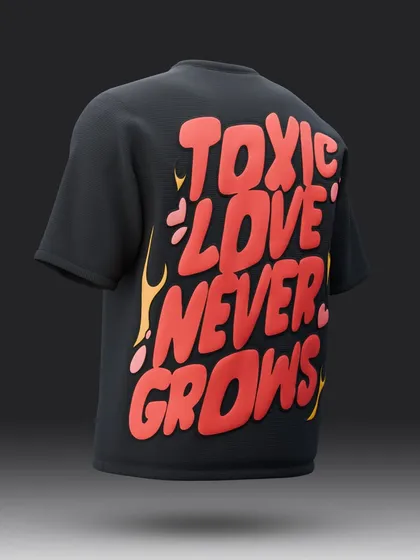 An angled view of the 'Toxic Love' tee render, emphasizing the three-dimensional quality of the puff print lettering.