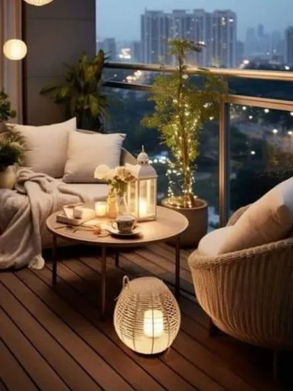 We help you create cozy, intimate corners on your balcony. This setup, with its warm lighting and comfortable seating, is perfect for enjoying a quiet evening overlooking the city.