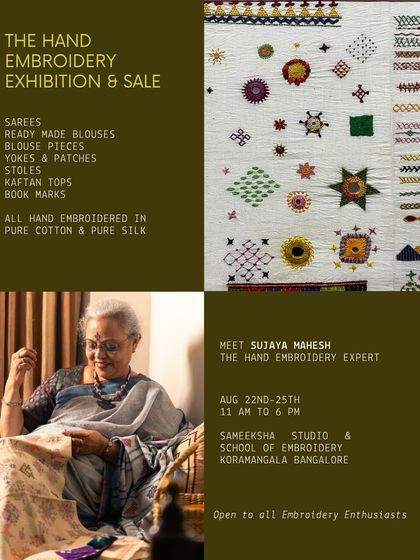 An invitation to my hand embroidery exhibition and sale at Sameeksha Studio in Bangalore. A chance to see and purchase exclusive handcrafted pieces.